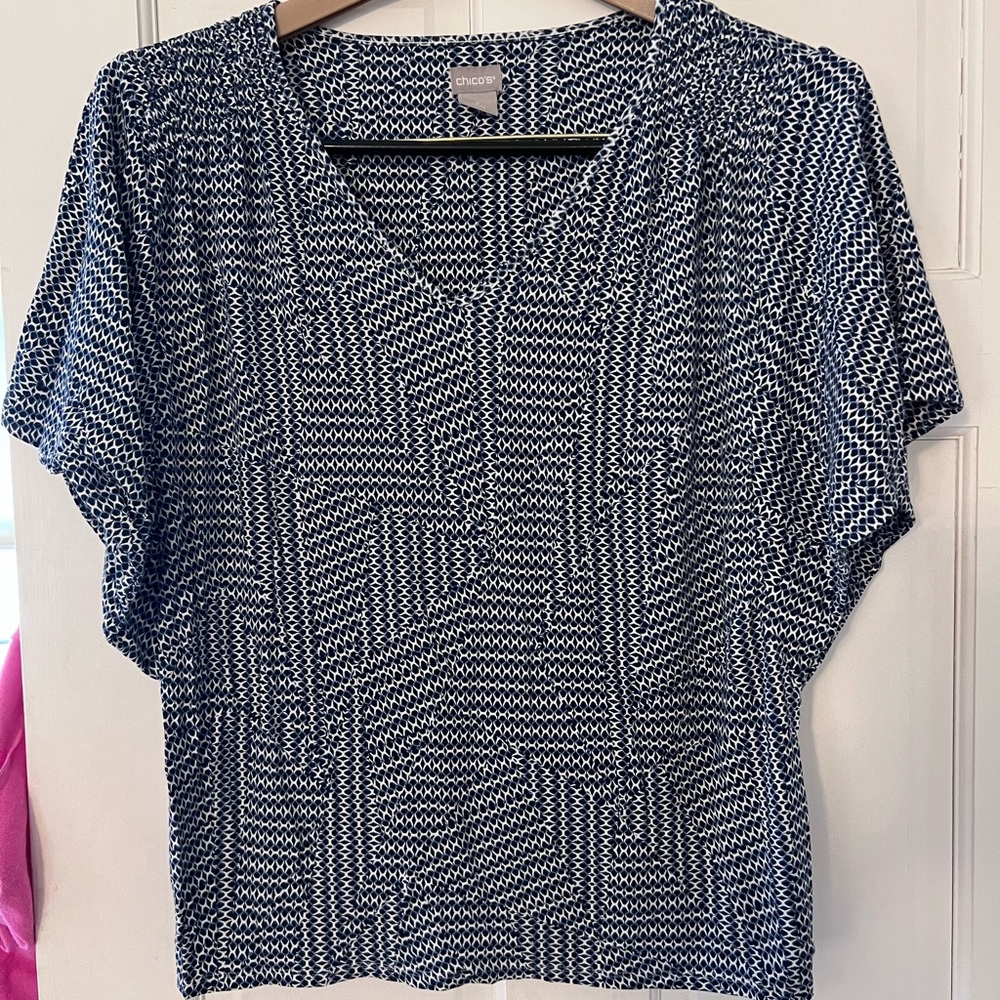 Chico's Geometric Patterned  Dress Top in Navy and White